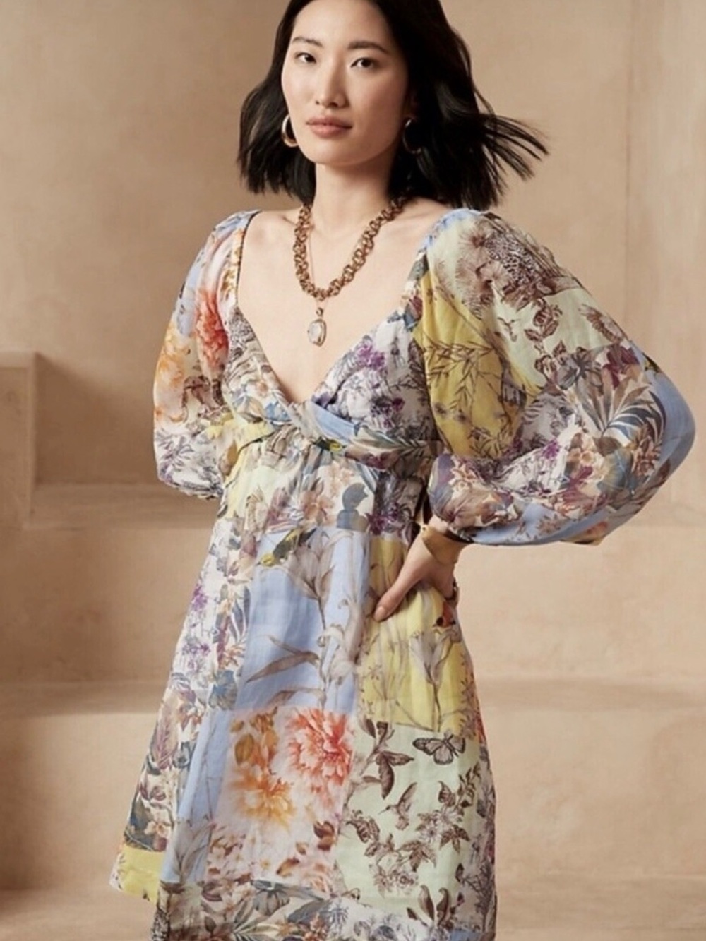 NWT Banana Republic Pastel Patchwork Puff-Sleeve Mini Dress